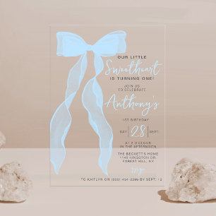Invitaciones Acrílicas Cumpleaños Elegante Lazo Azul Corazón Pequeño
