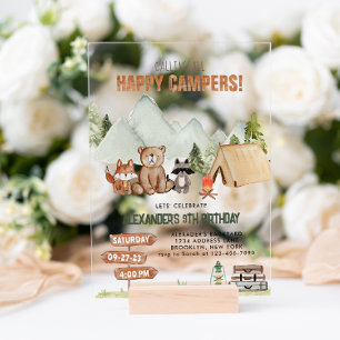 Invitaciones Acrílicas Cumpleaños Feliz de niños acampando en Bosque Mode