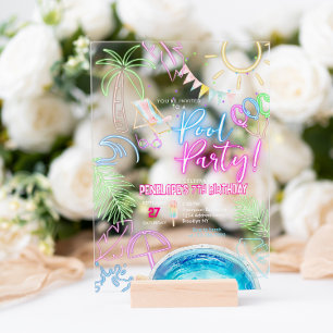 Invitaciones Acrílicas Cumpleaños Fiesta de Piscina con Brillo Neon Moder