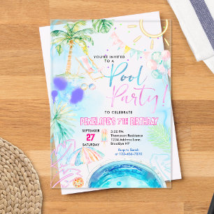 Invitaciones Acrílicas Cumpleaños Fiesta de Piscina con Brillo Neon Moder