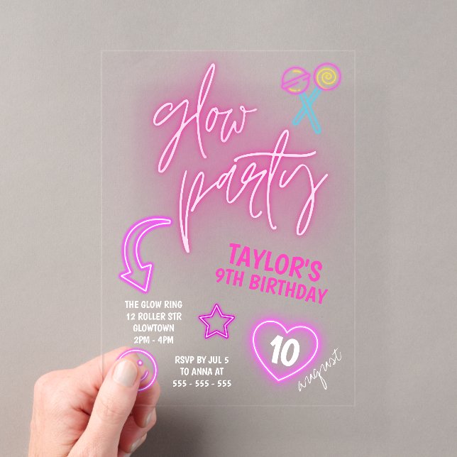 Invitaciones Acrílicas Cumpleaños Fiesta Resplandor Rosa Neon (Insitu (portátil))
