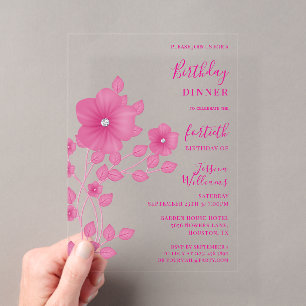 Invitaciones Acrílicas Cumpleaños floral de diamantes sofisticados