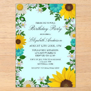 Invitaciones Acrílicas Cumpleaños Floral de Margaritas y Girasoles Rústic
