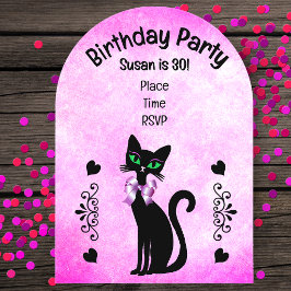 Invitaciones Acrílicas Cumpleaños Gato Negro Bonito Ojos Verdes Lazo Rosa