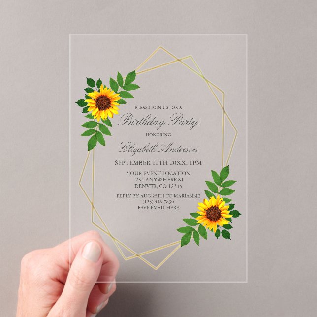 Invitaciones Acrílicas Cumpleaños Geométrico de Girasol (Insitu (portátil))