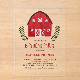 Invitaciones Acrílicas Cumpleaños Granja Casa Rustica Acuarela Roja