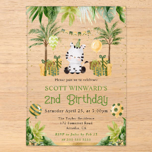 Invitaciones Acrílicas Cumpleaños infantil cebra de jungla acuarela