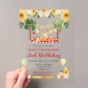 Invitaciones Acrílicas Cumpleaños infantil ciervo bosque acuarela picnic