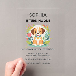 Invitaciones Acrílicas Cumpleaños infantil con perro floral adorable