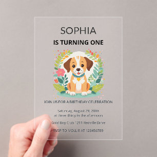 Invitaciones Acrílicas Cumpleaños infantil con perro floral adorable