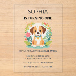 Invitaciones Acrílicas Cumpleaños infantil con perro floral adorable 