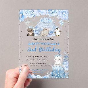 Invitaciones Acrílicas Cumpleaños infantil de animales árticos de inviern