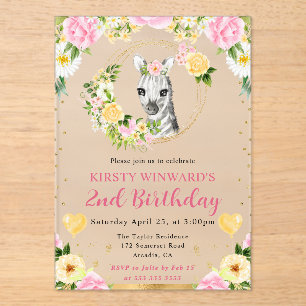 Invitaciones Acrílicas Cumpleaños infantil de cebra de jungla linda acuar