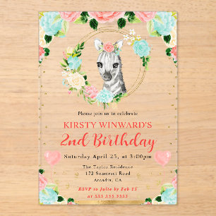 Invitaciones Acrílicas Cumpleaños infantil de cebra de jungla linda acuar