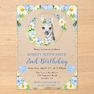 Invitaciones Acrílicas Cumpleaños infantil de cebra de jungla linda acuar