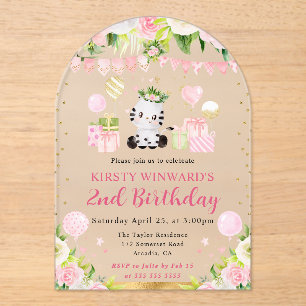 Invitaciones Acrílicas Cumpleaños infantil de cebra de jungla rosa linda