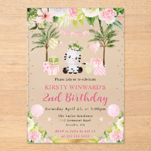 Invitaciones Acrílicas Cumpleaños infantil de cebra de jungla rosa linda