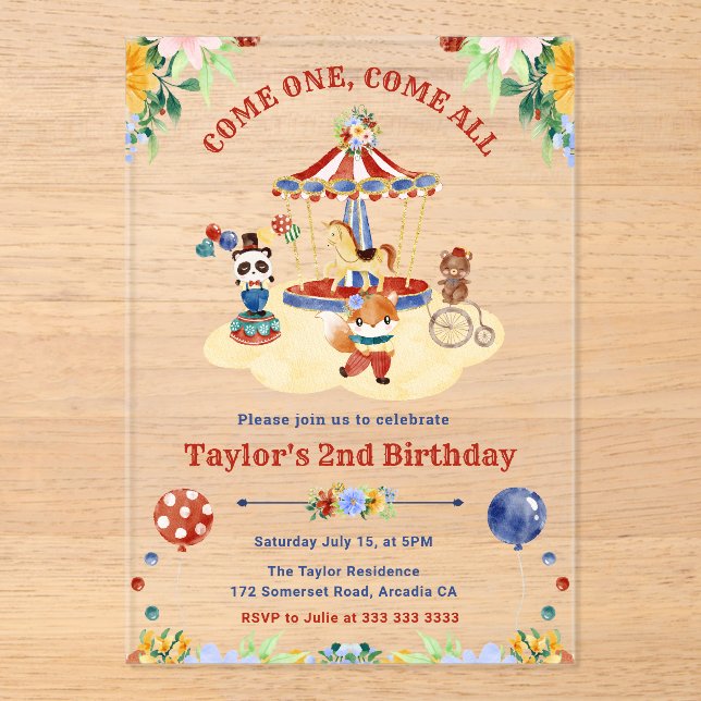 Invitaciones Acrílicas Cumpleaños infantil de circo carnaval acuarela lin (Anverso)