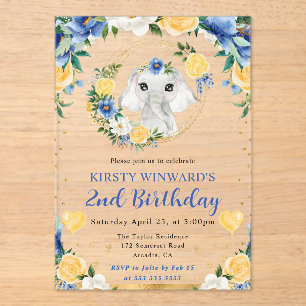 Invitaciones Acrílicas Cumpleaños infantil de elefante de jungla lindo ac
