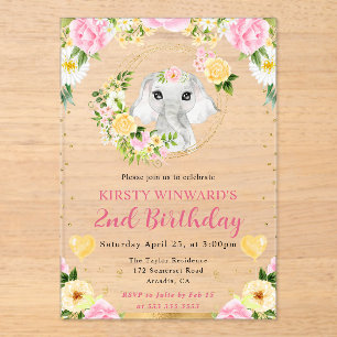 Invitaciones Acrílicas Cumpleaños infantil de elefante de jungla lindo ac