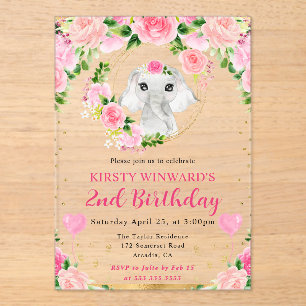 Invitaciones Acrílicas Cumpleaños infantil de elefante de jungla lindo ac