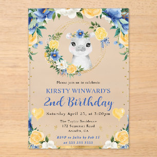 Invitaciones Acrílicas Cumpleaños infantil de hipopótamo de jungla lindo 