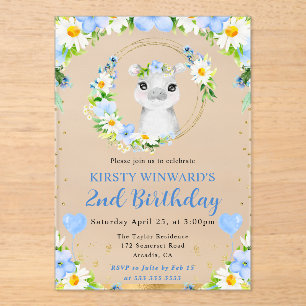 Invitaciones Acrílicas Cumpleaños infantil de hipopótamo de jungla lindo 