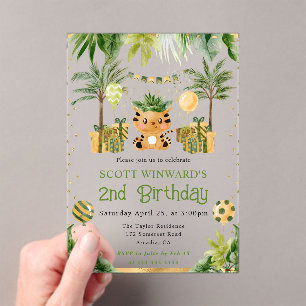 Invitaciones Acrílicas Cumpleaños infantil de tigre de jungla acuarela