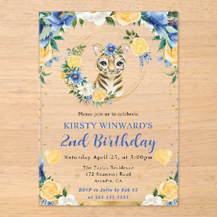Invitaciones Acrílicas Cumpleaños infantil de tigre de jungla lindo acuar