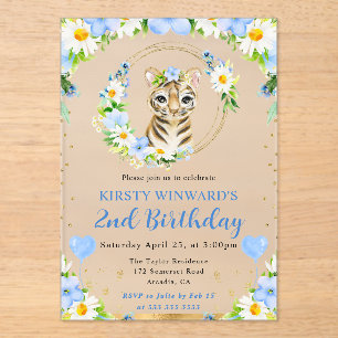 Invitaciones Acrílicas Cumpleaños infantil de tigre de jungla lindo acuar