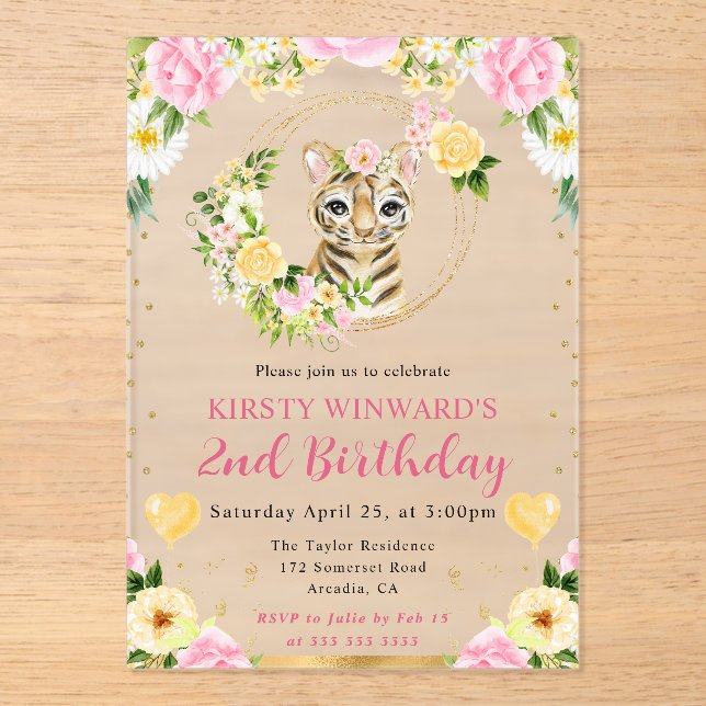 Invitaciones Acrílicas Cumpleaños infantil de tigre de jungla lindo acuar (Anverso)