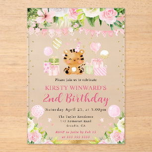 Invitaciones Acrílicas Cumpleaños infantil de tigre de jungla rosa lindo 