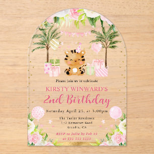 Invitaciones Acrílicas Cumpleaños infantil de tigre de jungla rosa lindo