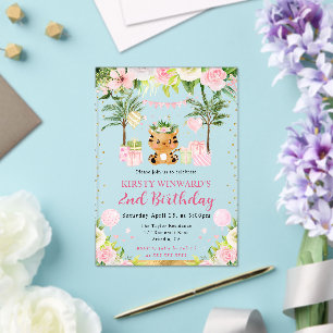 Invitaciones Acrílicas Cumpleaños infantil de tigre de jungla rosa lindo 