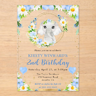 Invitaciones Acrílicas Cumpleaños infantil elefante de jungla lindo acuar