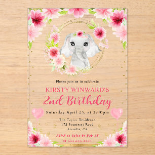 Invitaciones Acrílicas Cumpleaños infantil elefante de jungla lindo acuar