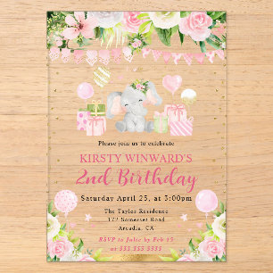 Invitaciones Acrílicas Cumpleaños infantil elefante de jungla rosa lindo