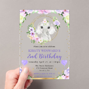 Invitaciones Acrílicas Cumpleaños infantil elefante de la jungla lindo ac