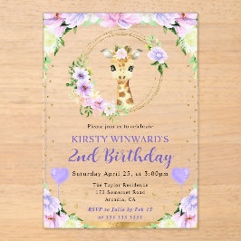 Invitaciones Acrílicas Cumpleaños infantil jirafa de jungla linda acuarel