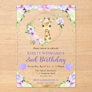 Invitaciones Acrílicas Cumpleaños infantil jirafa de jungla linda acuarel