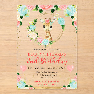 Invitaciones Acrílicas Cumpleaños infantil jirafa de jungla linda acuarel