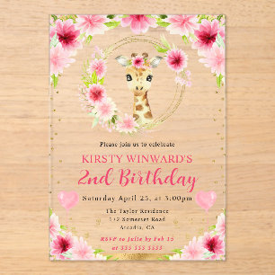 Invitaciones Acrílicas Cumpleaños infantil jirafa de la jungla linda acua