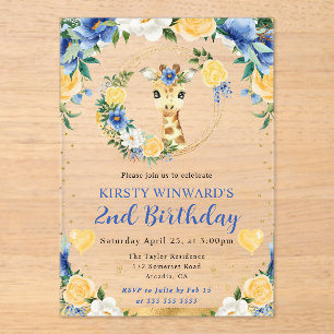 Invitaciones Acrílicas Cumpleaños infantil jirafa de la jungla linda acua