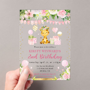 Invitaciones Acrílicas Cumpleaños infantil jirafa de la jungla rosa linda