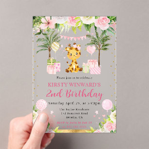Invitaciones Acrílicas Cumpleaños infantil jirafa de la selva rosa linda 