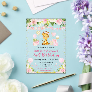 Invitaciones Acrílicas Cumpleaños infantil jirafa de la selva rosa linda 
