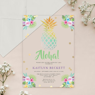Invitaciones Acrílicas Cumpleaños Luau Piña Acuarela Tropical