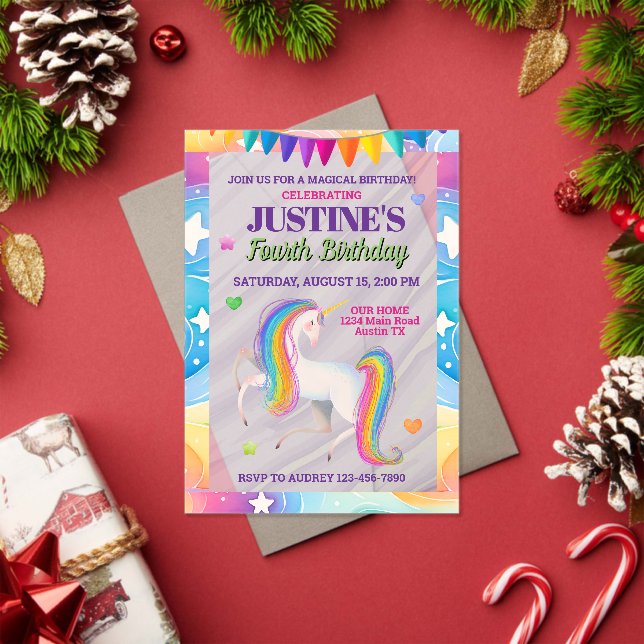 Invitaciones Acrílicas Cumpleaños Mágico Unicornio Arcoíris (Insitu (Vacaciones))