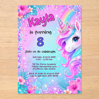 Invitaciones Acrílicas Cumpleaños Mágico Unicornio Arcoíris Brillante 