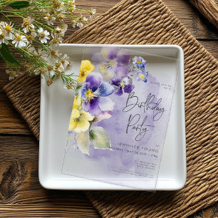 Invitaciones Acrílicas Cumpleaños moderno floral púrpura y amarillo